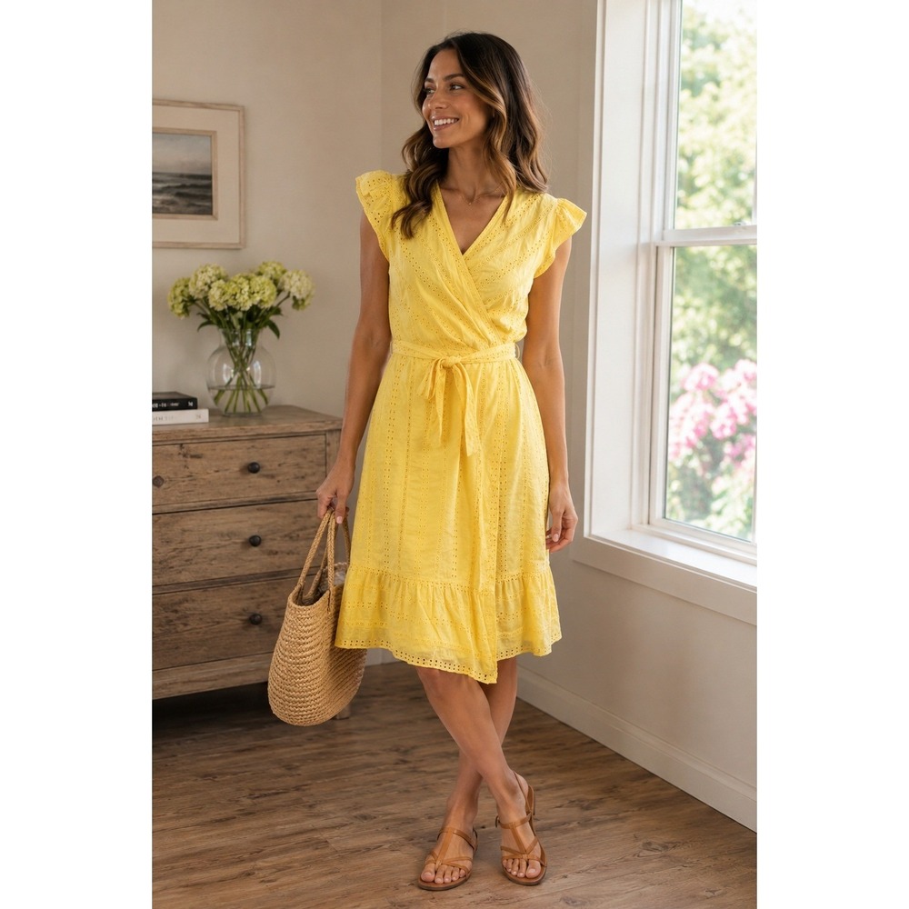 Draper James Yellow Eyelet Wrap Dress Flutter Sleeve Size 8